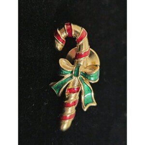 Vintage Avon Christmas Candy Cane Brooch Pin Gold Tone Enamel Bow
